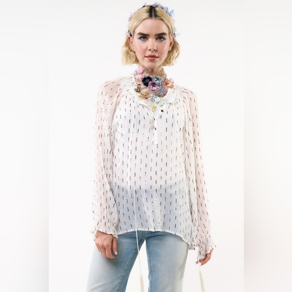 Maven Blouse Aratta White Sheer Blouse with Gold Metallic With Tank